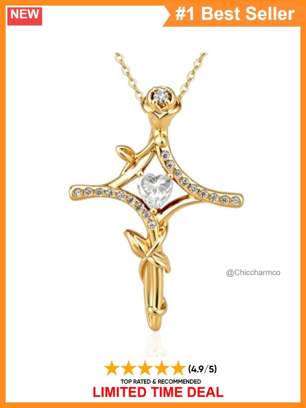 Gold Plated Twisted Rose Cross Necklace Heart Cross Pendant Christian Faith
